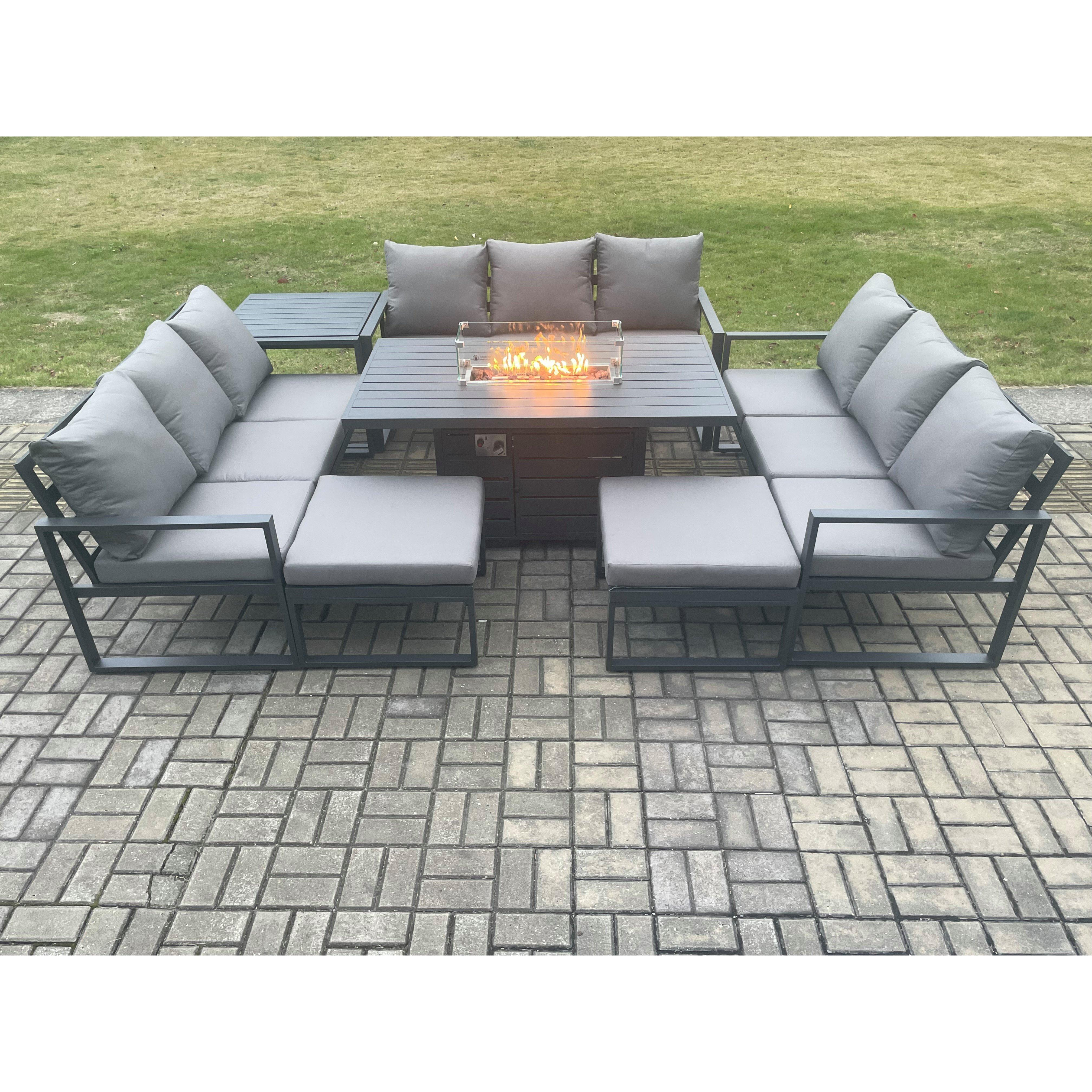 Aluminium 11 Seater Garden Furniture Outdoor Set Patio Lounge Sofa Gas Fire Pit Dining Table Set with 2 Big Footstools Side Table - image 1
