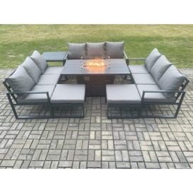 Aluminium 11 Seater Garden Furniture Outdoor Set Patio Lounge Sofa Gas Fire Pit Dining Table Set with 2 Big Footstools Side Table