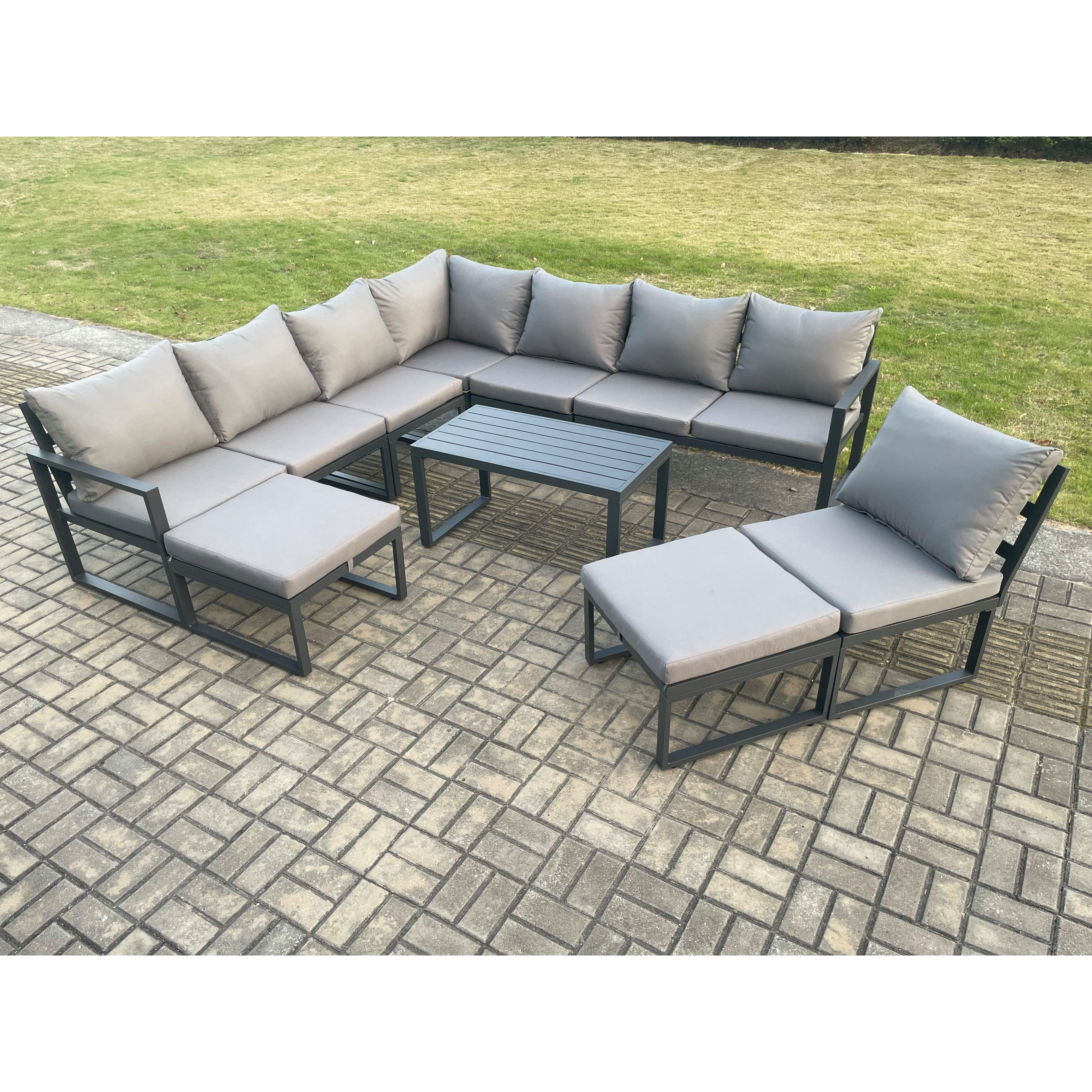 Aluminium 10 Seater Patio Outdoor Garden Furniture Lounge Corner Sofa Set with Oblong Coffee Table 2 Big Footstools Dark Grey - image 1