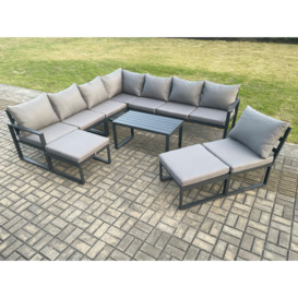 Aluminium 10 Seater Patio Outdoor Garden Furniture Lounge Corner Sofa Set with Oblong Coffee Table 2 Big Footstools Dark Grey - thumbnail 1