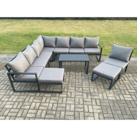 Aluminium 10 Seater Patio Outdoor Garden Furniture Lounge Corner Sofa Set with Oblong Coffee Table 2 Big Footstools Dark Grey - thumbnail 2