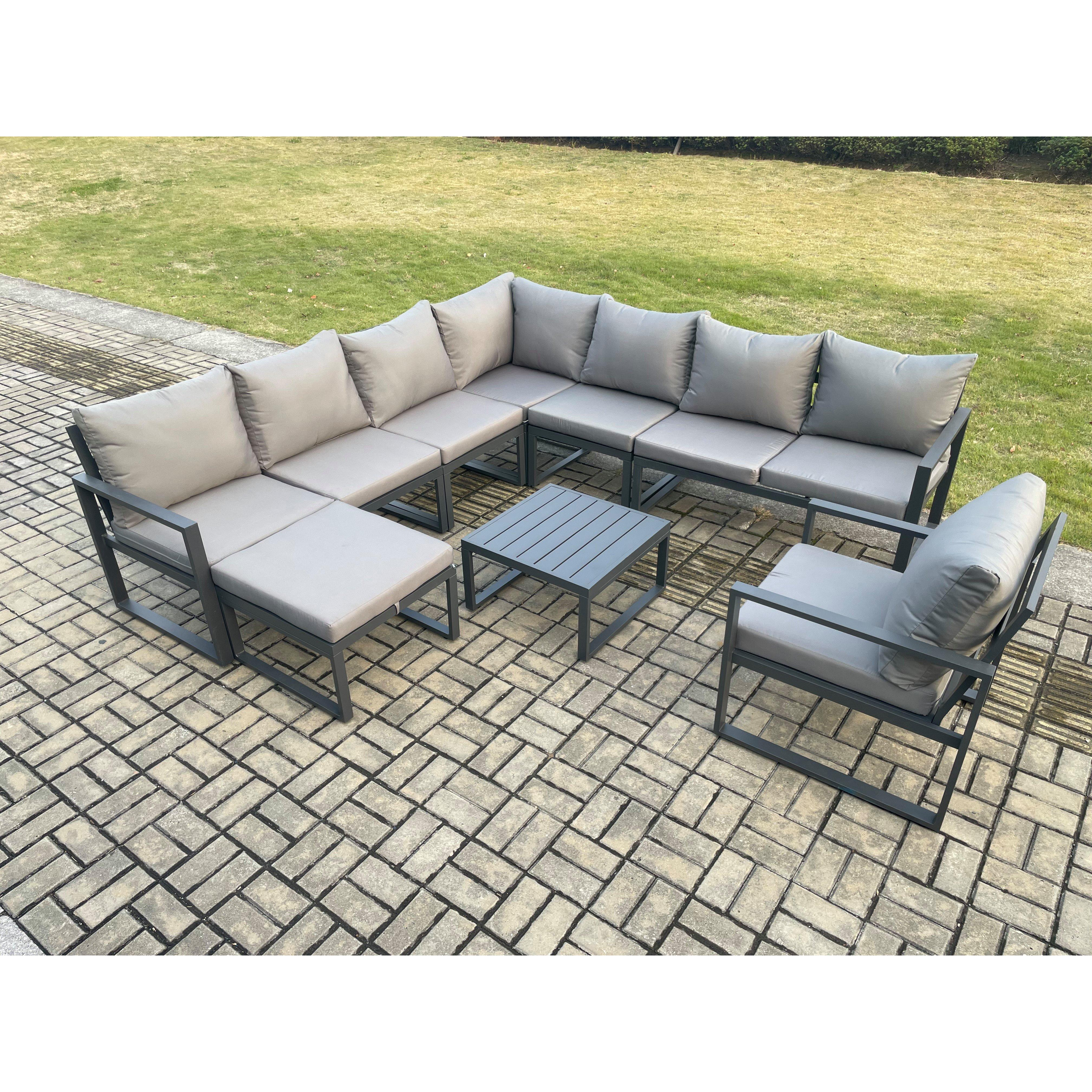 Outdoor Garden Furniture Patio Lounge Corner Sofa Aluminium Set with Square Coffee Table Big Footstool Chair Dark Grey - image 1