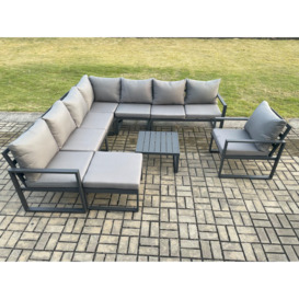 Outdoor Garden Furniture Patio Lounge Corner Sofa Aluminium Set with Square Coffee Table Big Footstool Chair Dark Grey - thumbnail 2