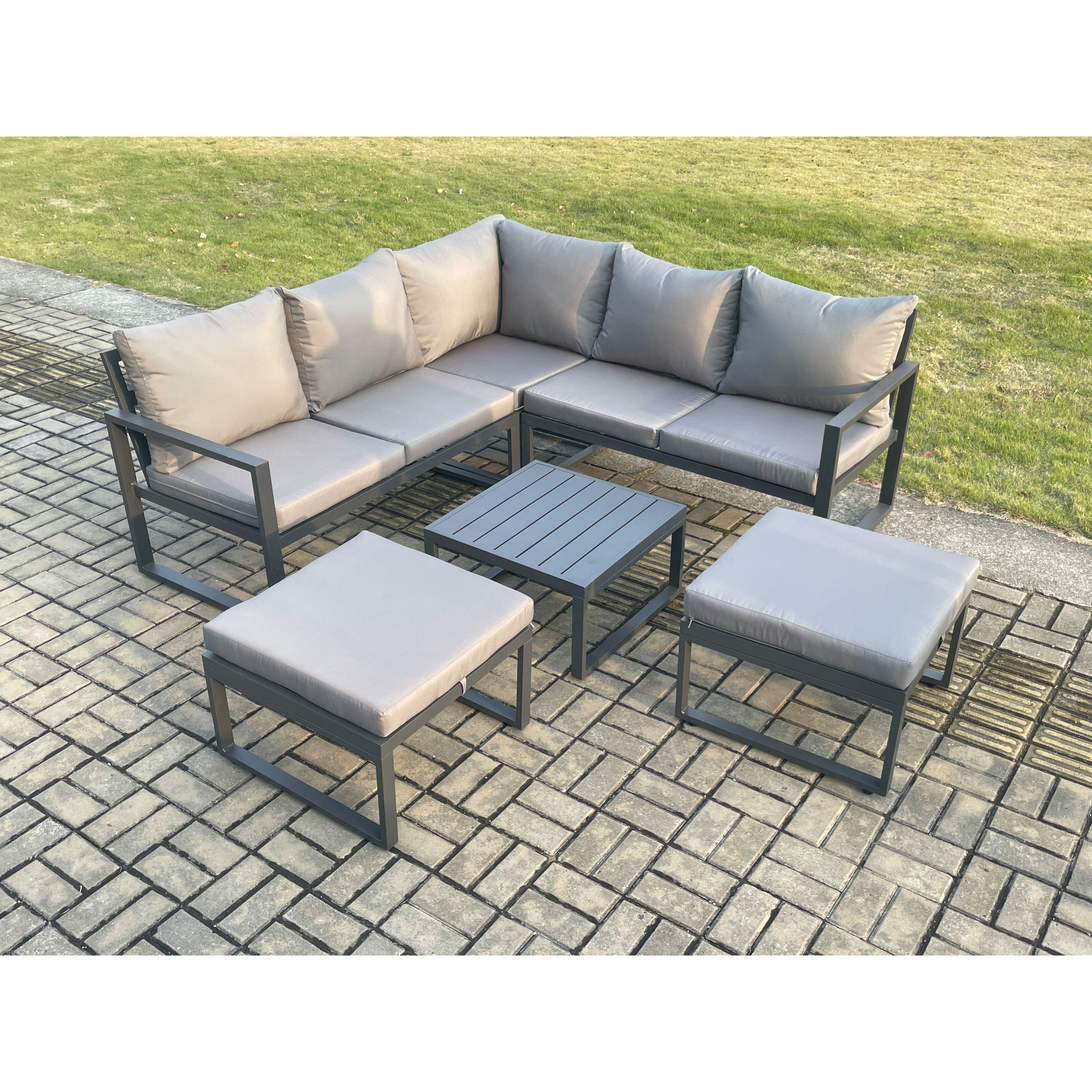 Outdoor Garden Furniture Set Aluminium Lounge Sofa Square Coffee Table Sets with 2 Big Footstool Dark Grey - image 1