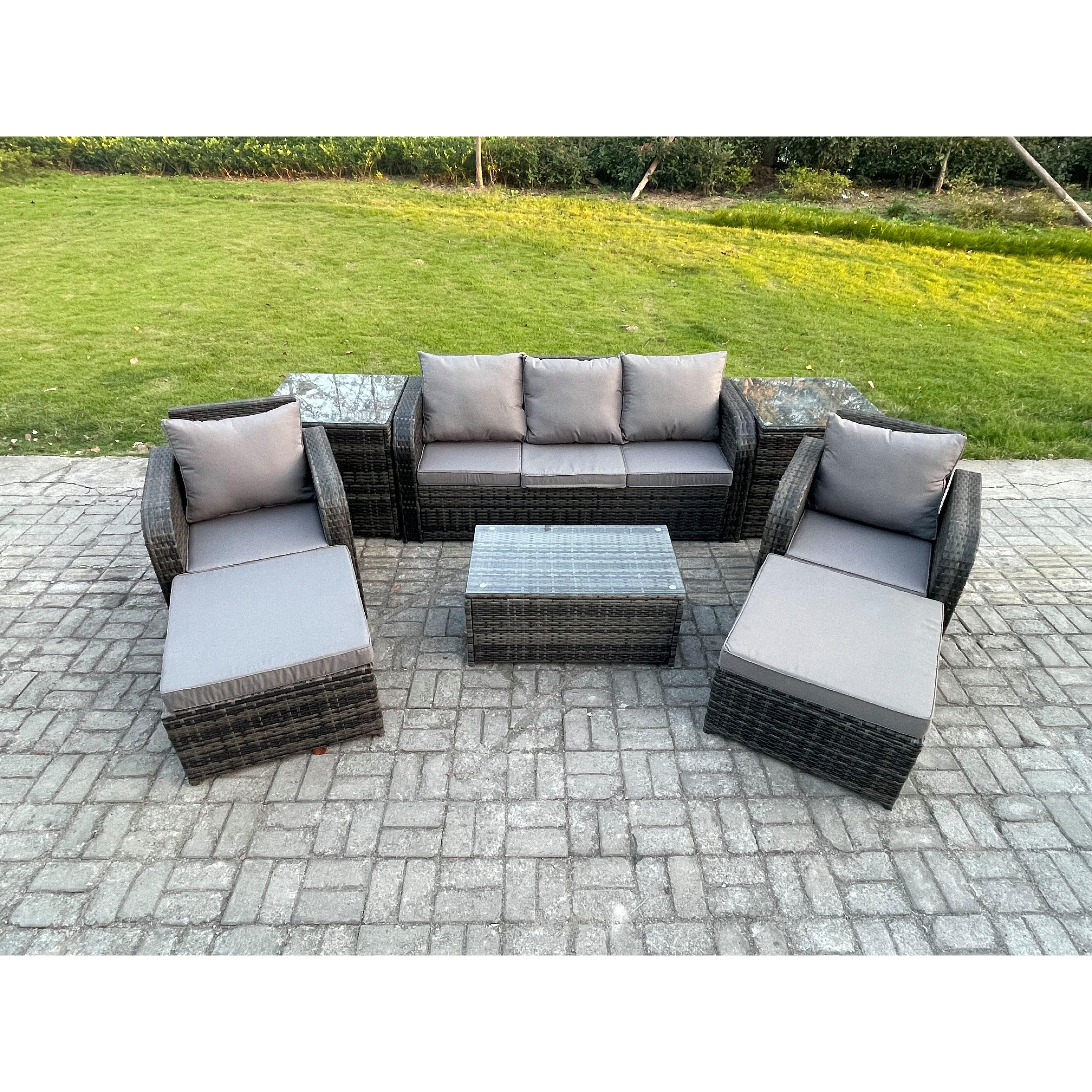 Rattan Garden Furniture Set Patio Outdoor Lounge Sofa Set with Rectangular Coffee Table 2 Big Footstool 3 Seater Sofa - image 1