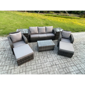 Rattan Garden Furniture Set Patio Outdoor Lounge Sofa Set with Rectangular Coffee Table 2 Big Footstool 3 Seater Sofa - thumbnail 2
