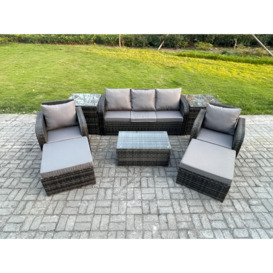 Rattan Garden Furniture Set Patio Outdoor Lounge Sofa Set with Rectangular Coffee Table 2 Big Footstool 3 Seater Sofa - thumbnail 1