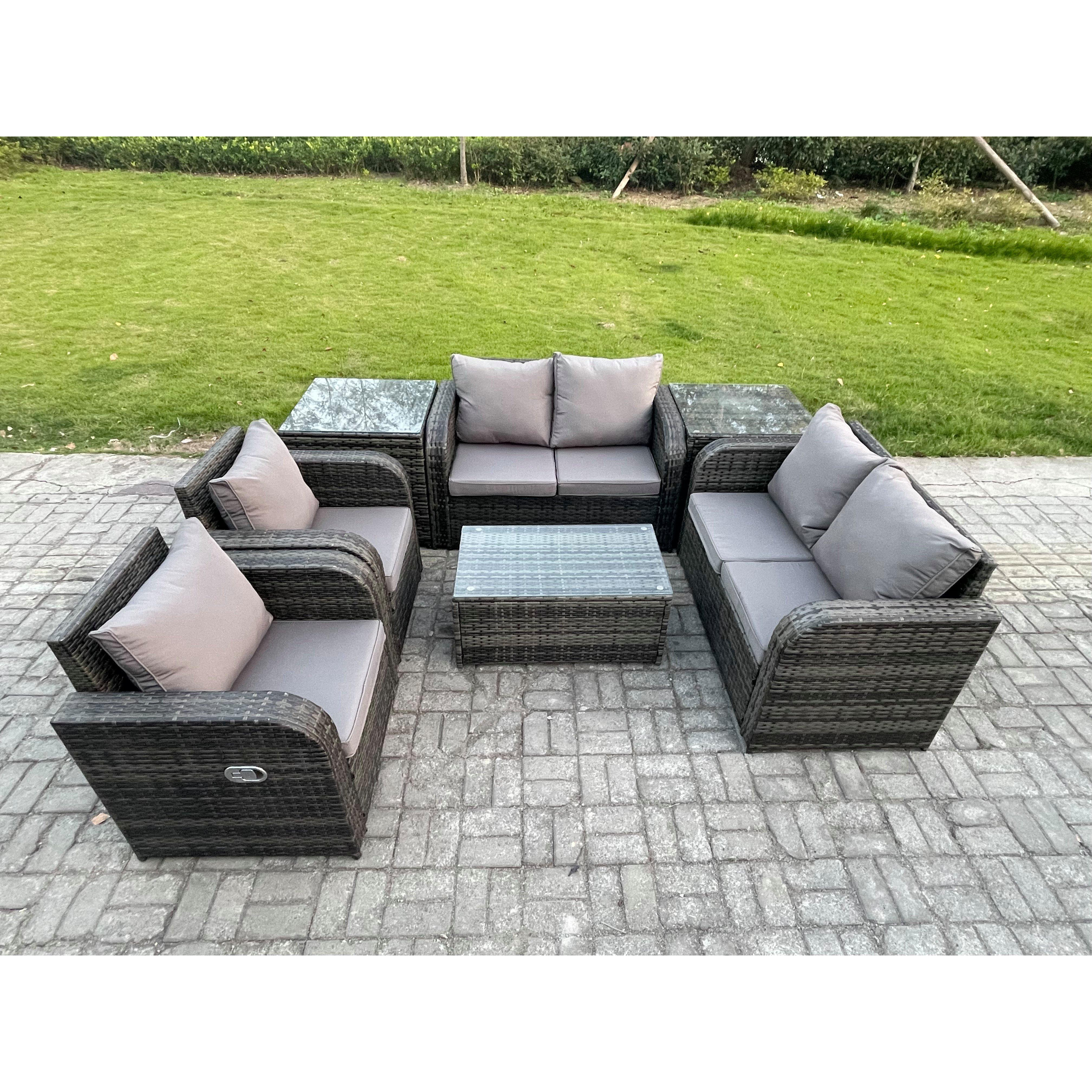 Rattan Garden Furniture Set Patio Outdoor Lounge Sofa Set with 2 Reclining Chairs Rectangular Coffee Table 2 Side Tables - image 1