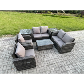 Rattan Garden Furniture Set Patio Outdoor Lounge Sofa Set with 2 Reclining Chairs Rectangular Coffee Table 2 Side Tables - thumbnail 3
