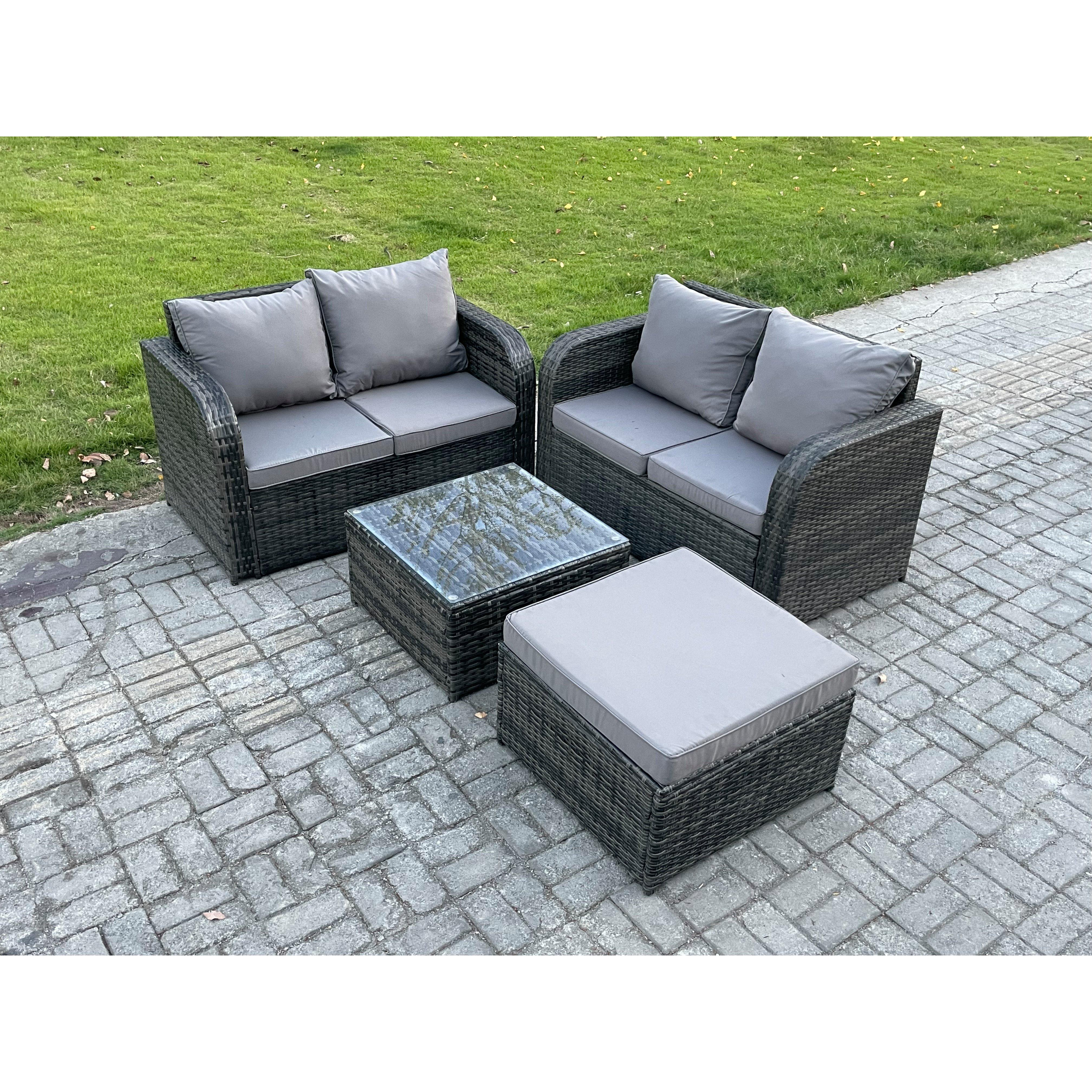 Rattan Sofa Set Outdoor Garden Furniture Set with Square Coffee Table Loveseat Sofa Big Footstool Dark Grey Mixed - image 1