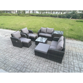 Garden Furniture Set Rattan Outdoor Lounge Sofa Chair With Tempered Glass Table 3 Footstools Side Table Dark Grey Mixed - thumbnail 2