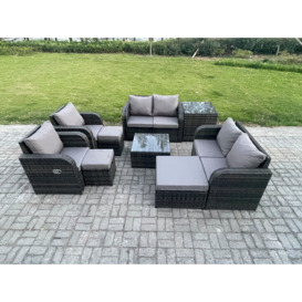 Garden Furniture Set Rattan Outdoor Lounge Sofa Chair With Tempered Glass Table 3 Footstools Side Table Dark Grey Mixed