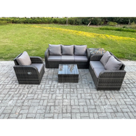 Rattan Garden Furniture 5 Piece Patio Set With Table Sofa Square Coffee Table Reclining Chair Loveseat sofa Side Table