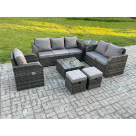Rattan Garden Furniture 7 Piece Patio Set With Table Sofa Square Coffee Table Reclining Chair Love seat sofa Side Table - thumbnail 1