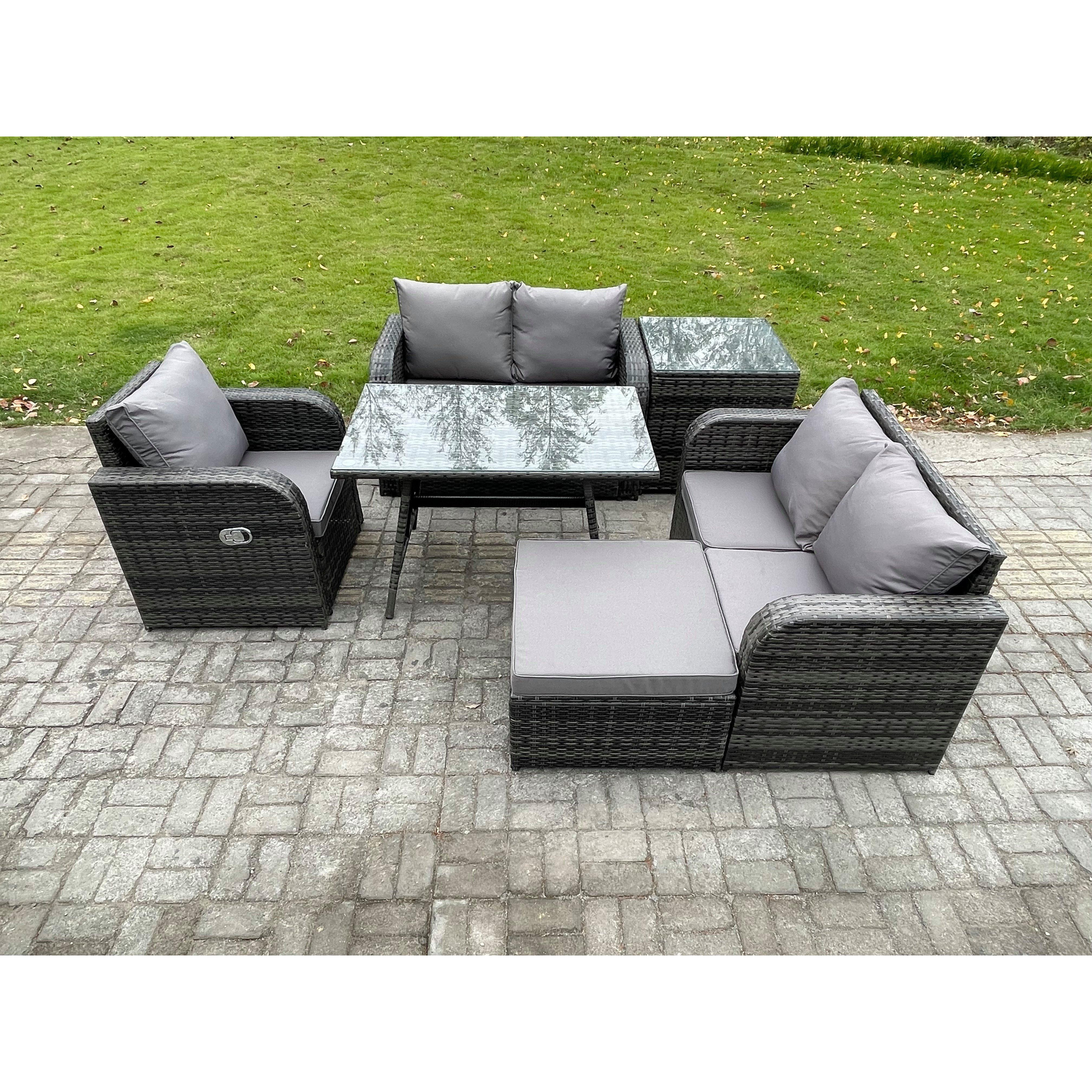 6 Pieces Outdoor Garden Dining Sets Rattan Furniture With Dining Table Armchairs Love Sofa Big Footstool Side Table Dark Grey Mixed - image 1