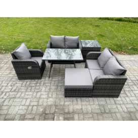 6 Pieces Outdoor Garden Dining Sets Rattan Furniture With Dining Table Armchairs Love Sofa Big Footstool Side Table Dark Grey Mixed