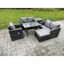 6 Pieces Outdoor Garden Dining Sets Rattan Furniture With Dining Table Armchairs Love Sofa Big Footstool Side Table Dark Grey Mixed - thumbnail 2