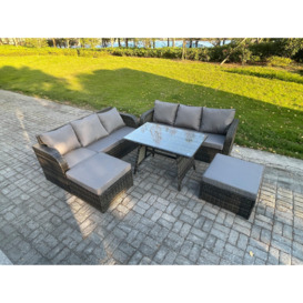 Garden Furniture Sofa Set Rectangular Dining Table 2 Big Footstool Indoor Outdoor 8 Seater Rattan Set Dark Grey Mixed
