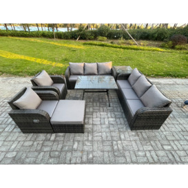 Rattan Outdoor Garden Furniture Sofa Set Patio Table & Chairs Set with 3 Seater Sofa Rectangular Dining Table