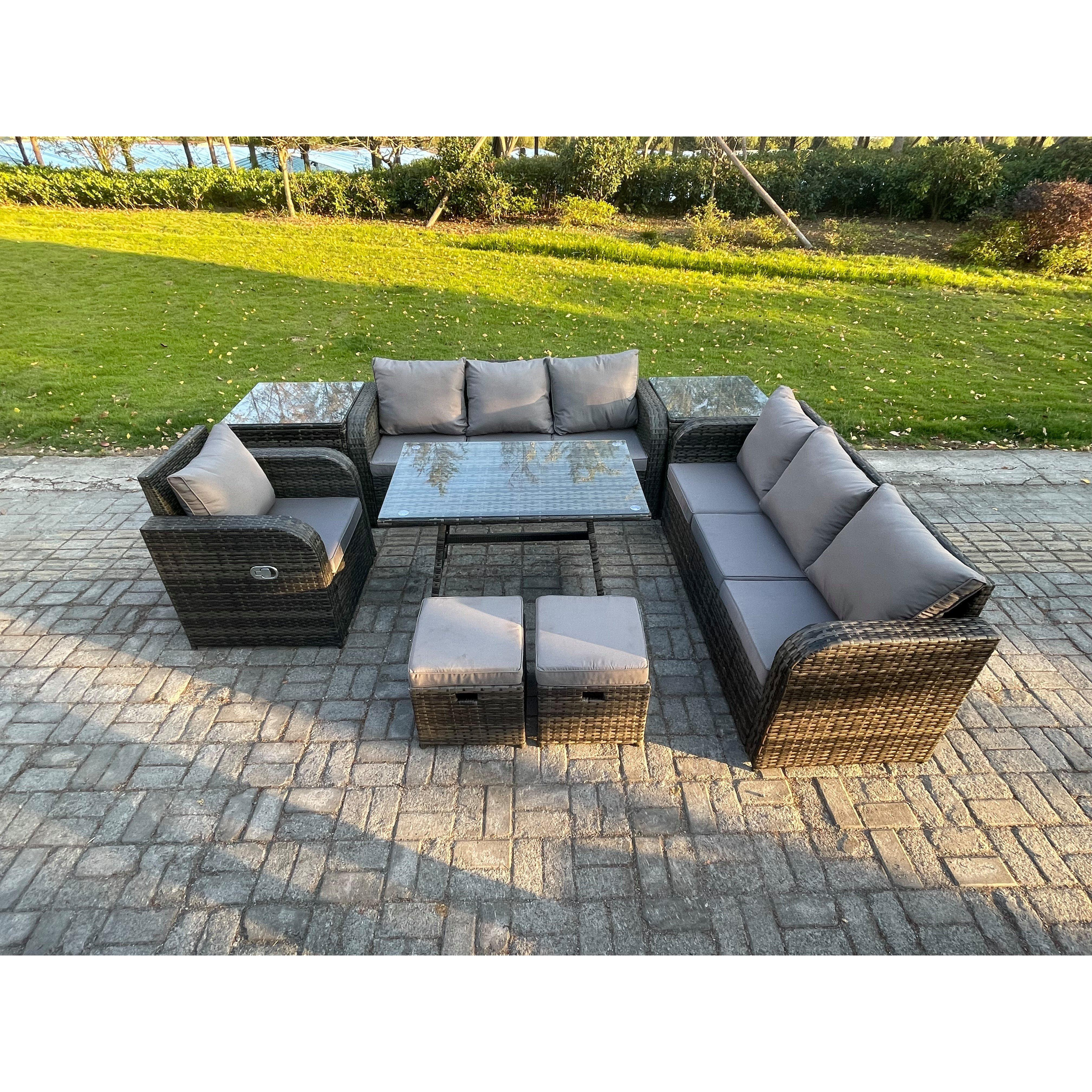 Wicker 8 Pieces Rattan Garden Furniture Sofa Set with Rectangular Dining Table Armchair 2 Small Footstools 2 Side Tables Dark Grey Mixed - image 1