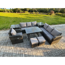 Wicker 8 Pieces Rattan Garden Furniture Sofa Set with Rectangular Dining Table Armchair 2 Small Footstools 2 Side Tables Dark Grey Mixed - thumbnail 2