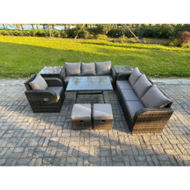 Wicker 8 Pieces Rattan Garden Furniture Sofa Set with Rectangular Dining Table Armchair 2 Small Footstools 2 Side Tables Dark Grey Mixed