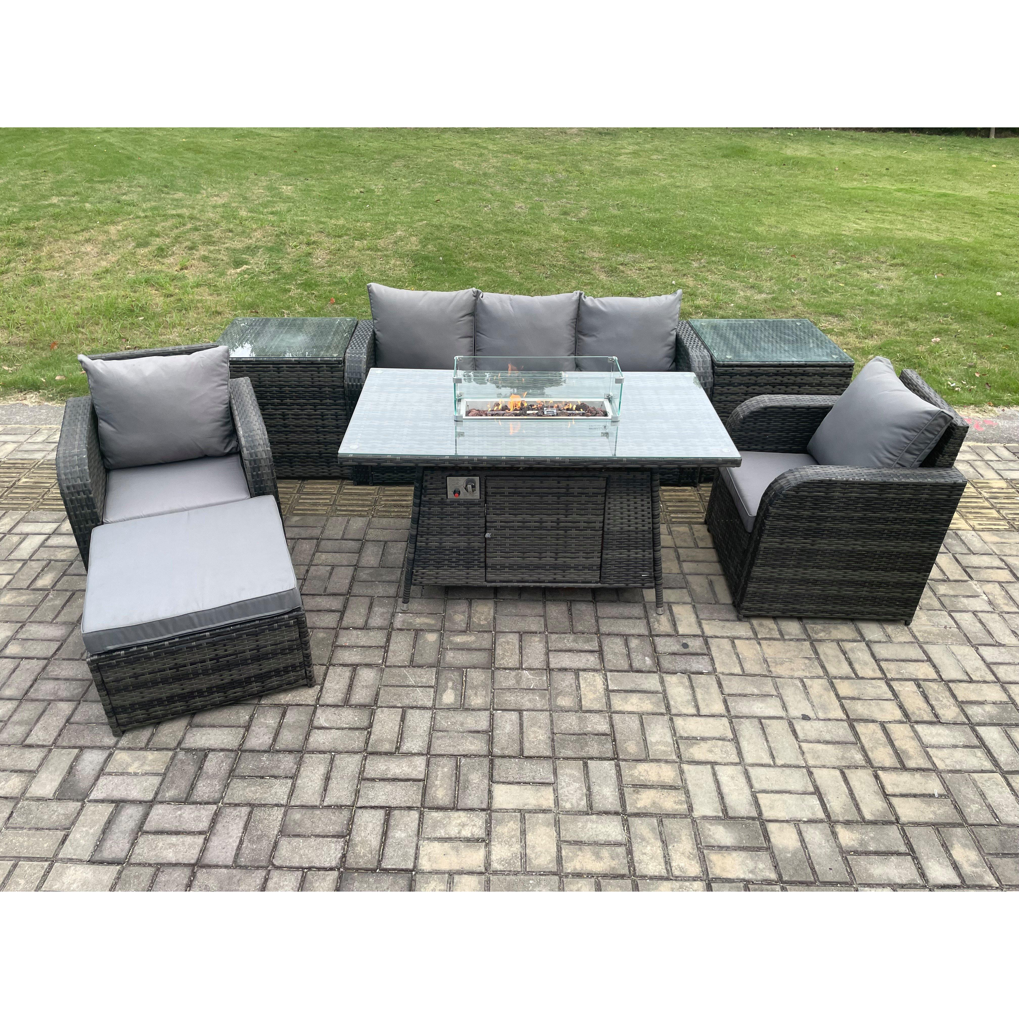 Wicker Rattan Garden Furniture Sofa Set Gas Fire Pit Dining Table Indoor Outdoor with 2 Side Tables Chair Footstool - image 1