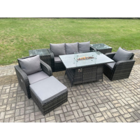 Wicker Rattan Garden Furniture Sofa Set Gas Fire Pit Dining Table Indoor Outdoor with 2 Side Tables Chair Footstool - thumbnail 3
