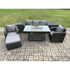 Wicker Rattan Garden Furniture Sofa Set Gas Fire Pit Dining Table Indoor Outdoor with 2 Side Tables Chair Footstool - thumbnail 1