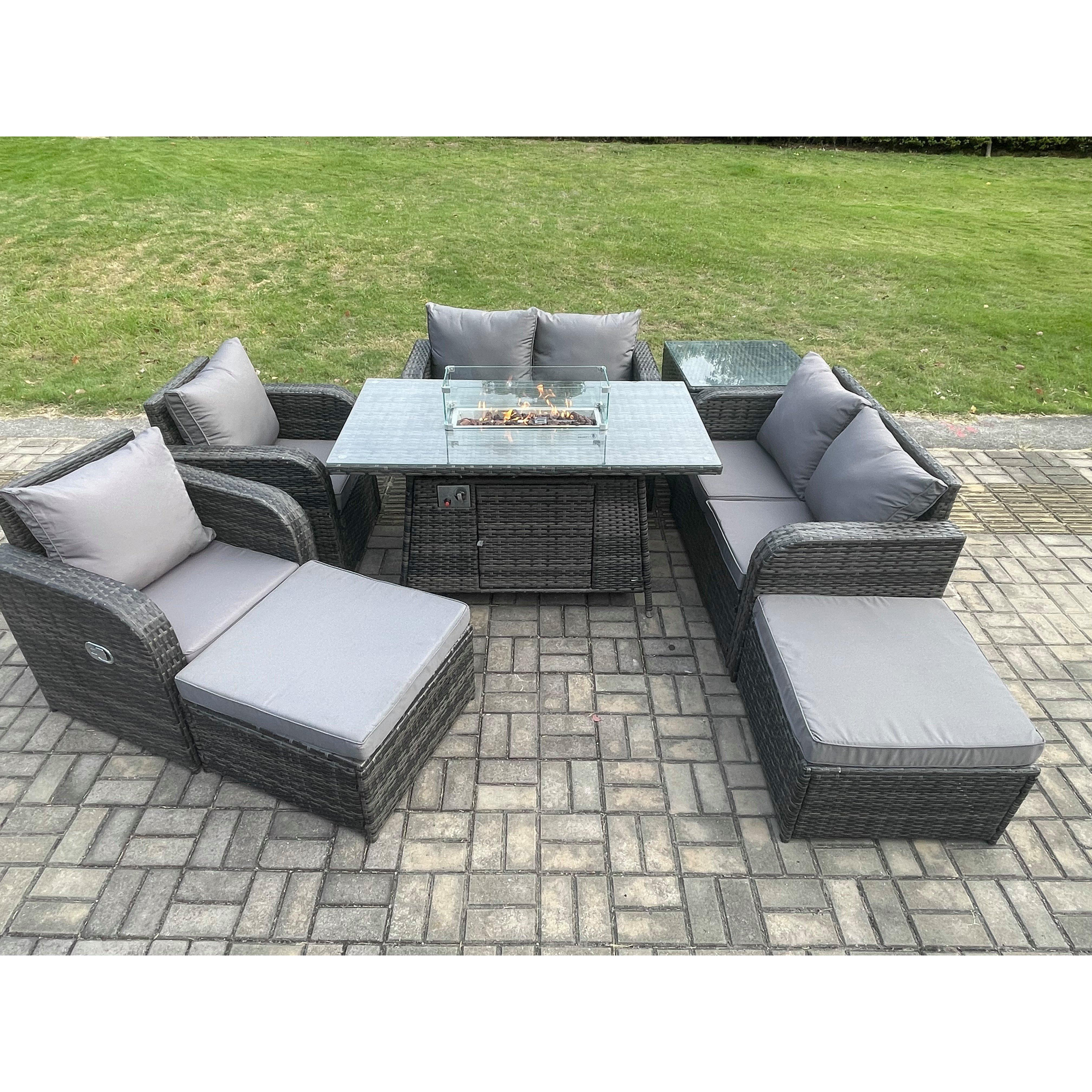 8 Seater Rattan Garden Furniture Set Outdoor Propane Gas Fire Pit Table and Sofa Chair set with Side Table 2 Big Footstool - image 1