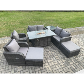 8 Seater Rattan Garden Furniture Set Outdoor Propane Gas Fire Pit Table and Sofa Chair set with Side Table 2 Big Footstool - thumbnail 3
