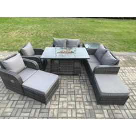 8 Seater Rattan Garden Furniture Set Outdoor Propane Gas Fire Pit Table and Sofa Chair set with Side Table 2 Big Footstool - thumbnail 1