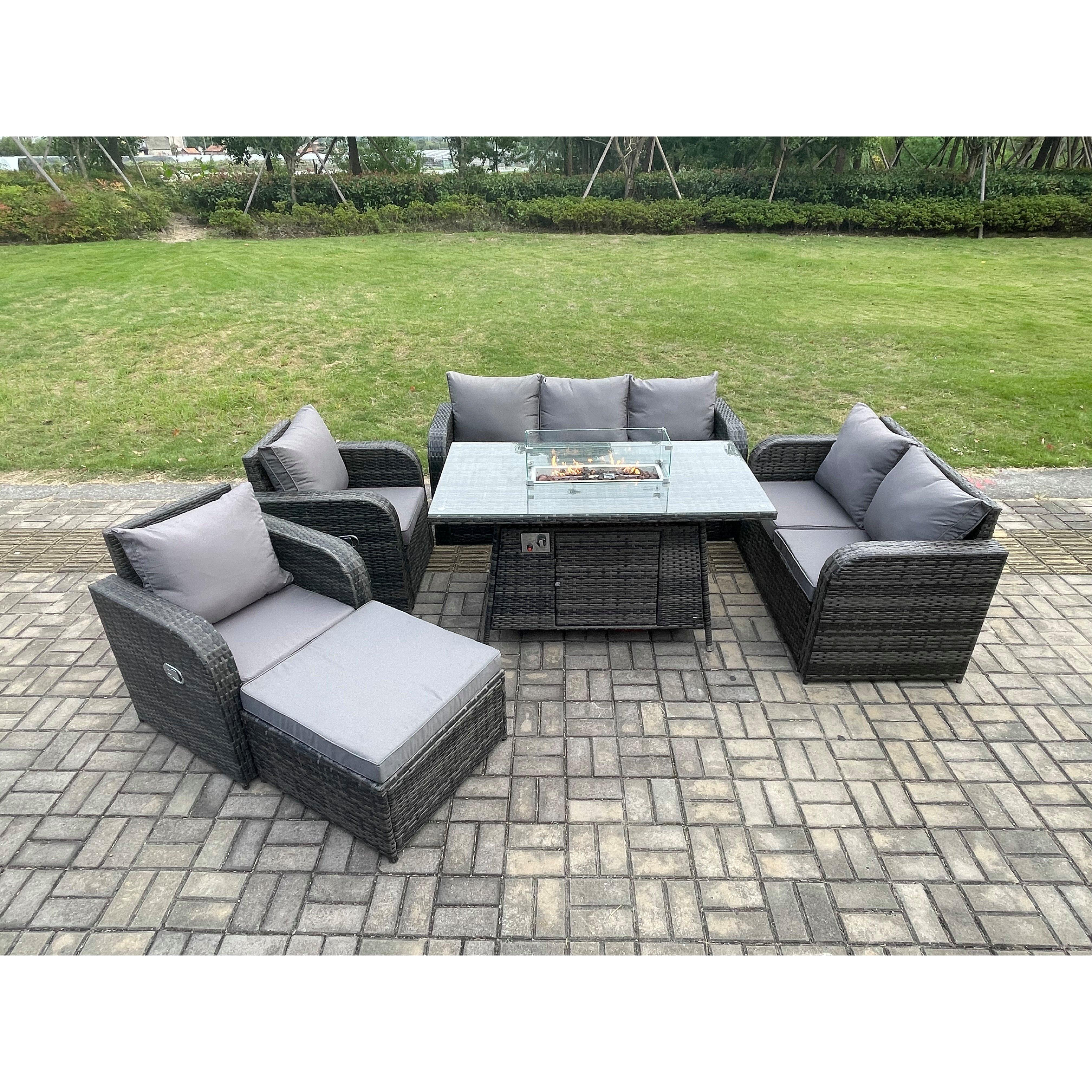 PE Wicker Outdoor Rattan Garden Furniture Set Propane Gas Fire Pit Table and Sofa Chair set with Big Footstool - image 1
