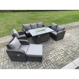 PE Wicker Outdoor Rattan Garden Furniture Set Propane Gas Fire Pit Table and Sofa Chair set with Big Footstool - thumbnail 3