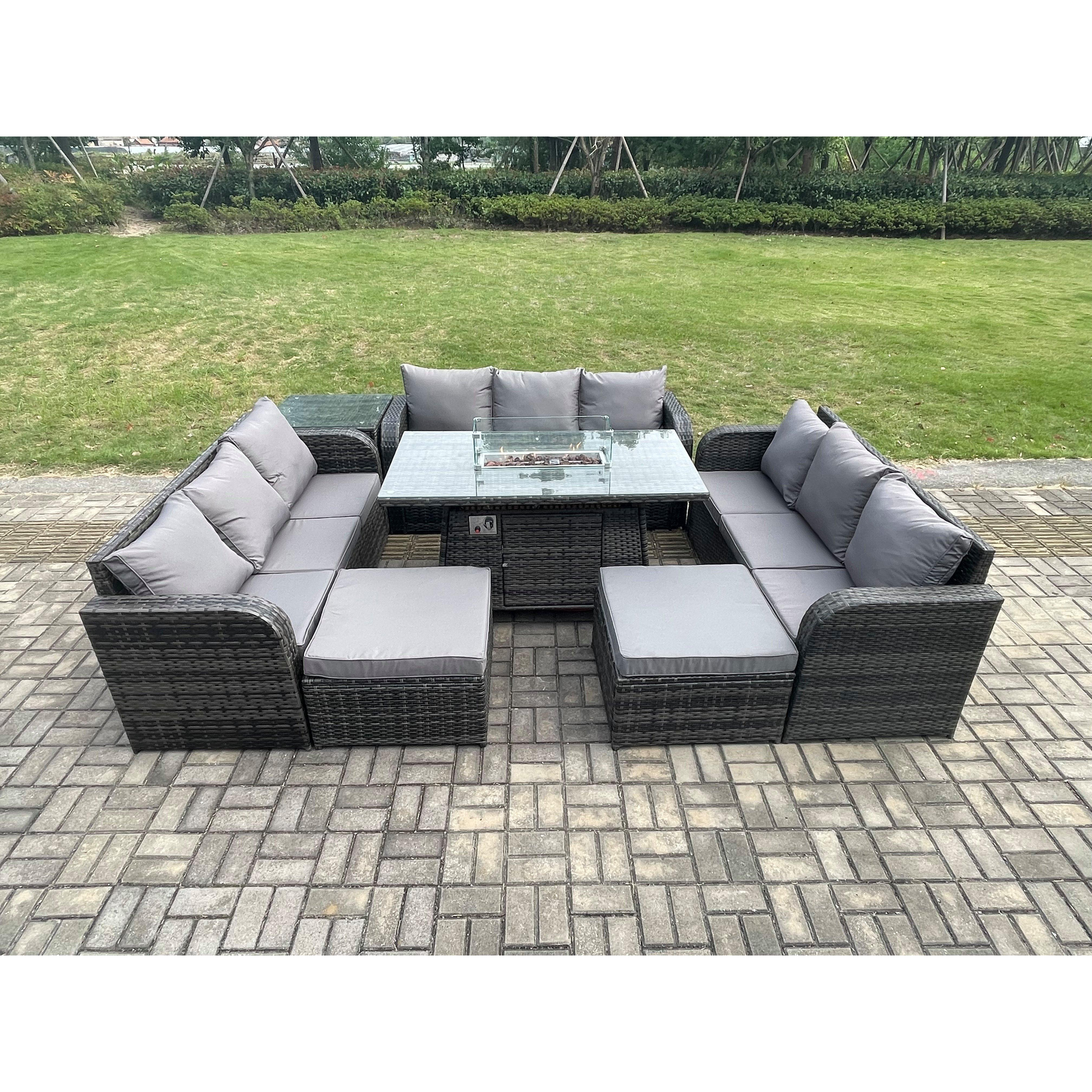 Outdoor Rattan Furniture Garden Dining Set Gas Fire Pit Table With Side Table Lounge Sofa 2 Big Footstool - image 1