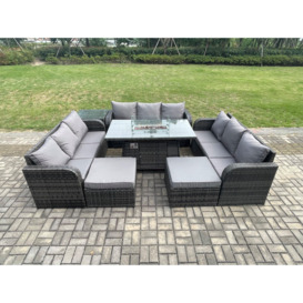 Outdoor Rattan Furniture Garden Dining Set Gas Fire Pit Table With Side Table Lounge Sofa 2 Big Footstool - thumbnail 1