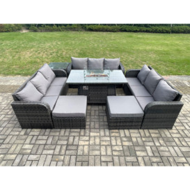 Outdoor Rattan Furniture Garden Dining Set Gas Fire Pit Table With Side Table Lounge Sofa 2 Big Footstool - thumbnail 3