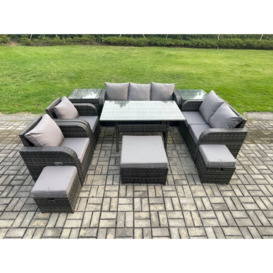 10 Seater Garden Rattan Furniture Dining Table Sofa Set Indoor Outdoor with 2 Reclining Chairs 2 Side Tables 3 Footstools Dark Grey Mixed