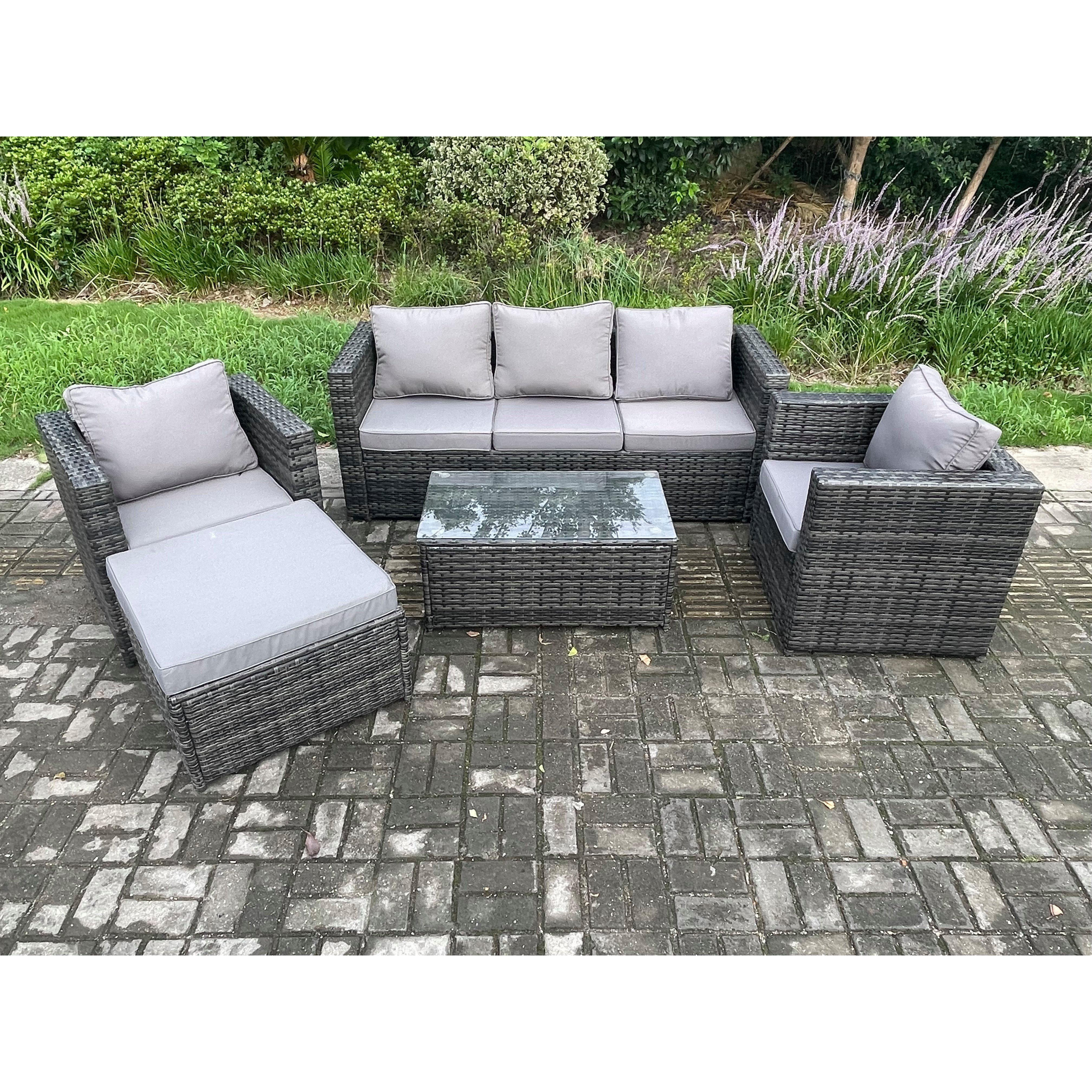 Rattan Garden Furniture Set with Coffee Table 2 Armchairs Big Footstool Indoor Outdoor Patio Lounge Sofa Set - image 1