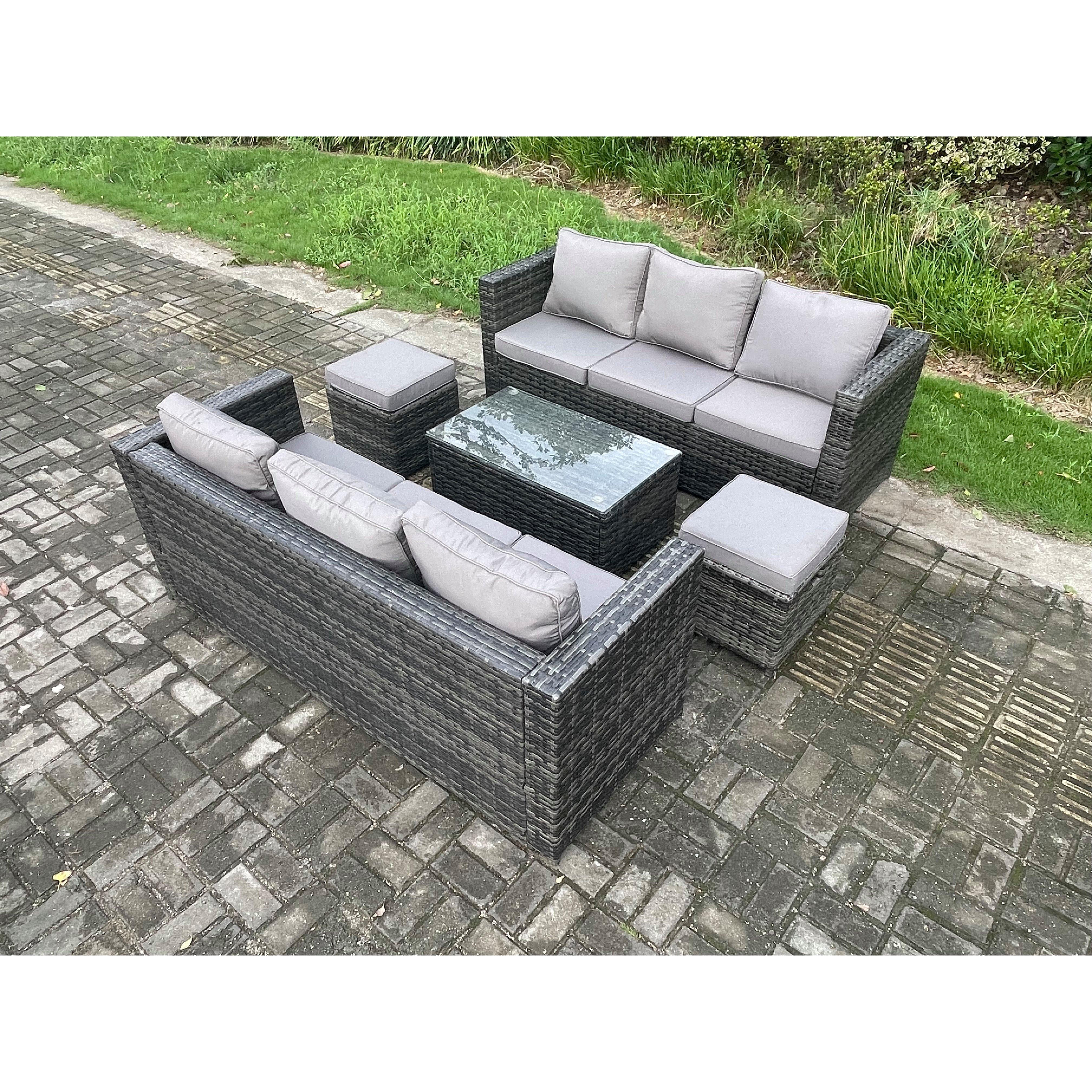 8 Seater Rattan Garden Furniture Set Outdoor Patio Sofa Set with Oblong Coffee Table Small Footstools Dark Grey Mixed - image 1