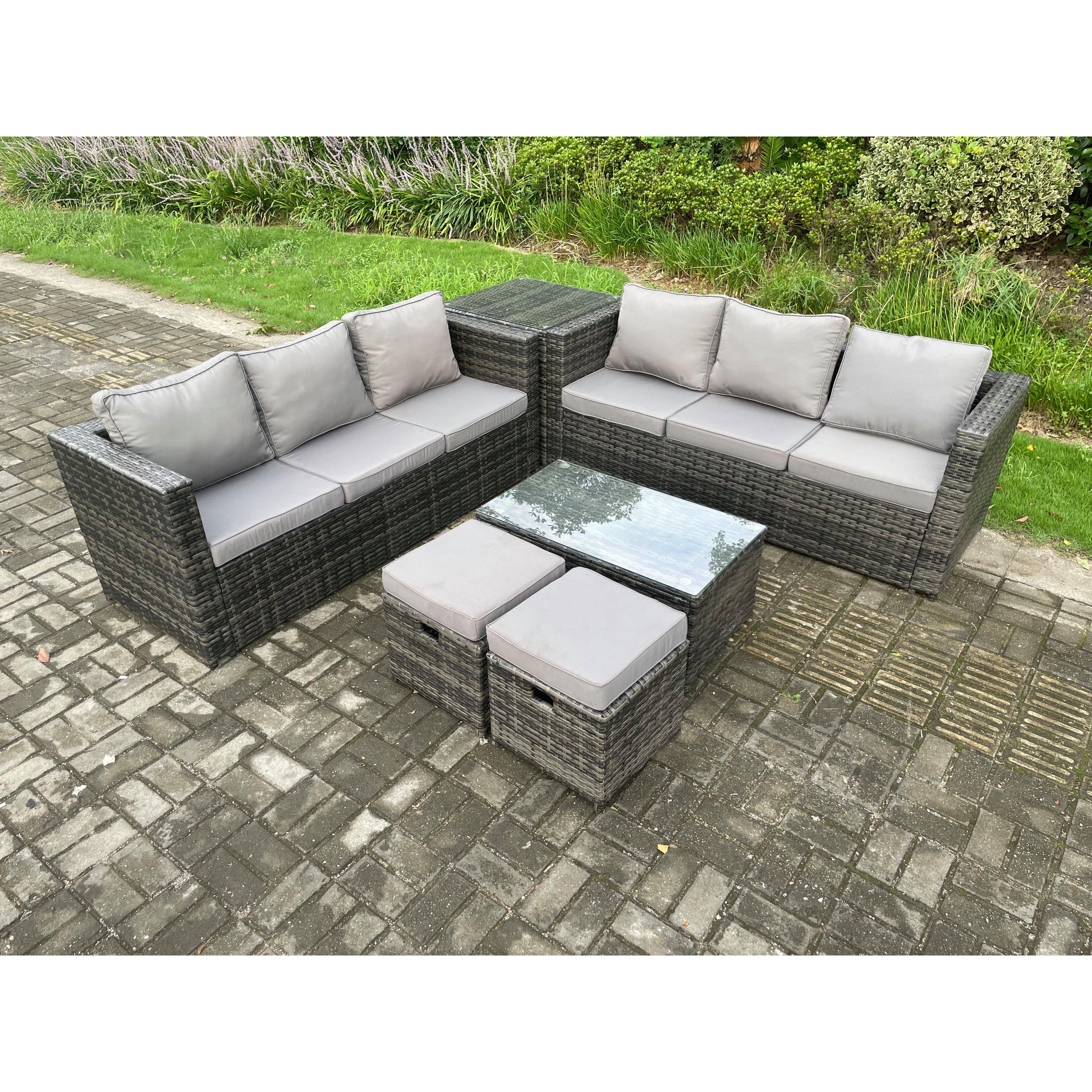 Rattan Garden Furniture Set Outdoor Patio Sofa Set with Oblong Coffee Table Side Table 2 Small Footstools 8 Seater - image 1