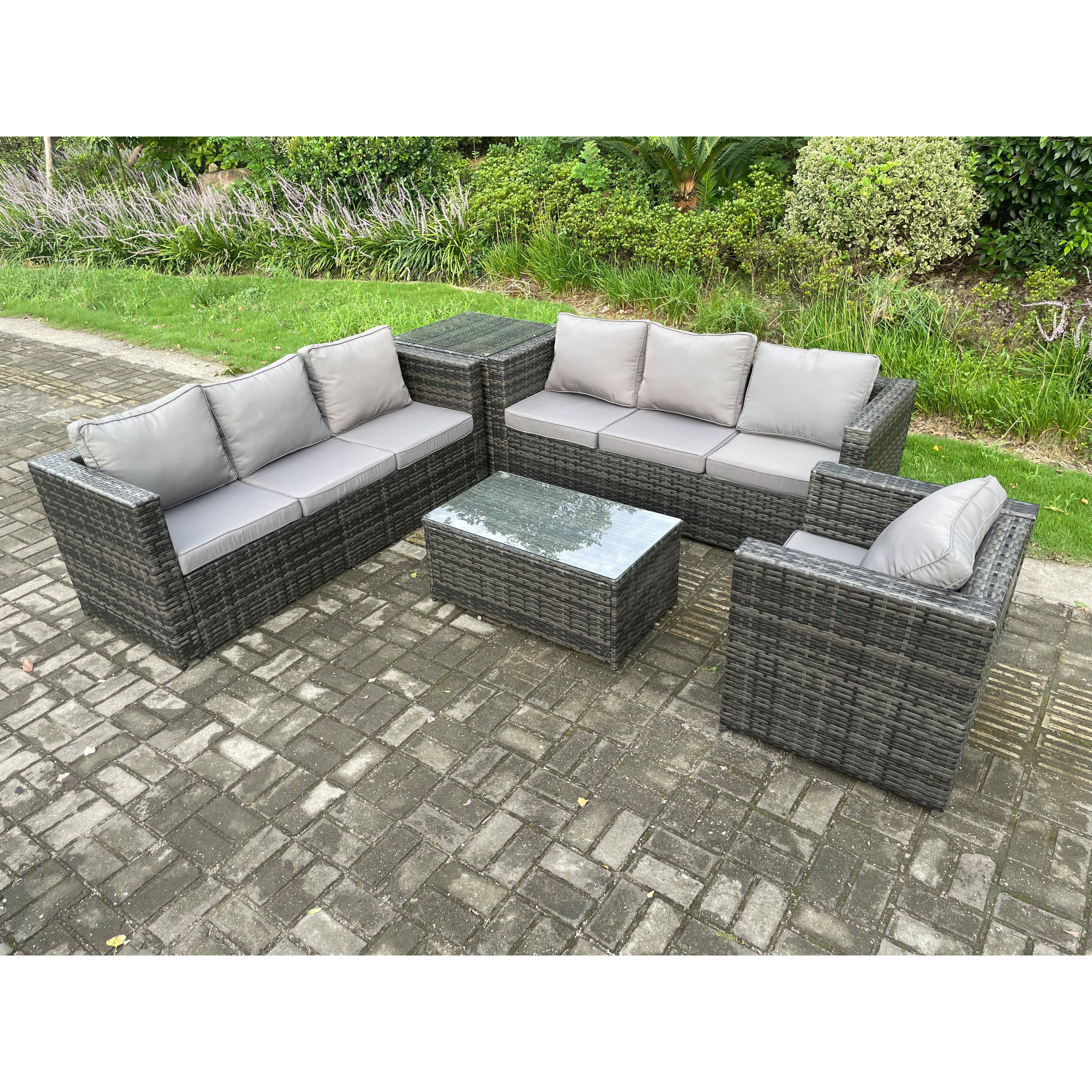 Wicker PE Rattan Sofa Set Outdoor Patio Garden Furniture with Armchair Side Table Oblong Coffee Table Dark Grey Mixed - image 1