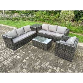 Wicker PE Rattan Sofa Set Outdoor Patio Garden Furniture with Armchair Side Table Oblong Coffee Table Dark Grey Mixed