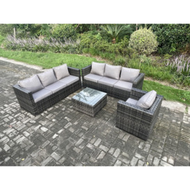 Rattan Garden Furniture Sofa Set with Armchair Square Coffee Table Indoor Outdoor 7 Seater Rattan Set Dark Grey Mixed