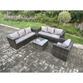 Rattan Garden Furniture Sofa Set with Armchair Square Coffee Table Indoor Outdoor 7 Seater Rattan Set Dark Grey Mixed - thumbnail 2