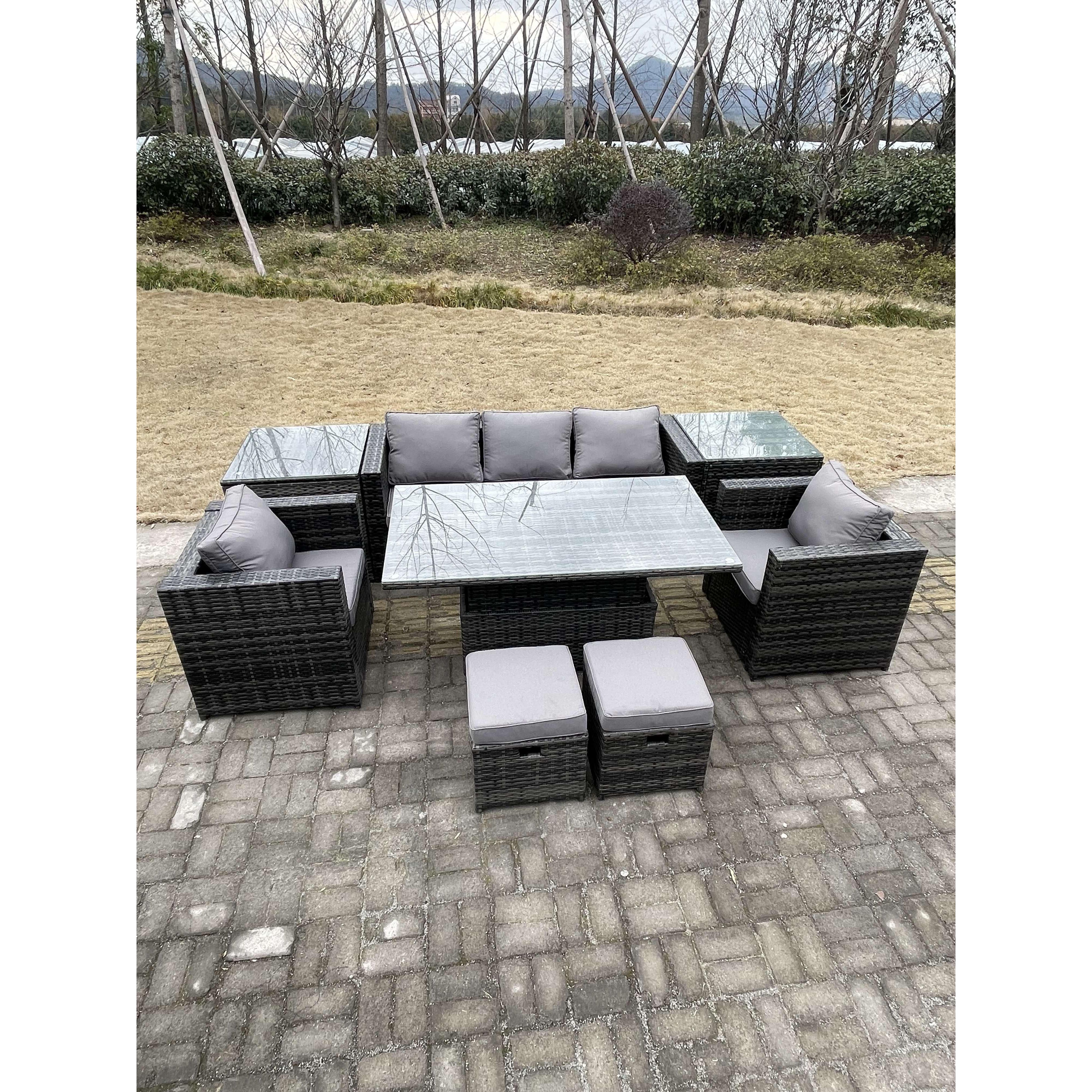 Rattan Garden Furniture Adjustable Rising Lifting Dining Table Sofa Set Chairs 2 Side Coffee Tables with 2 Stools - image 1