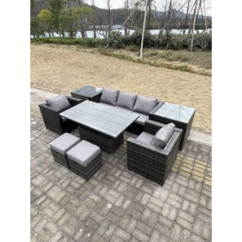 Rattan Garden Furniture Adjustable Rising Lifting Dining Table Sofa Set Chairs 2 Side Coffee Tables with 2 Stools - thumbnail 2