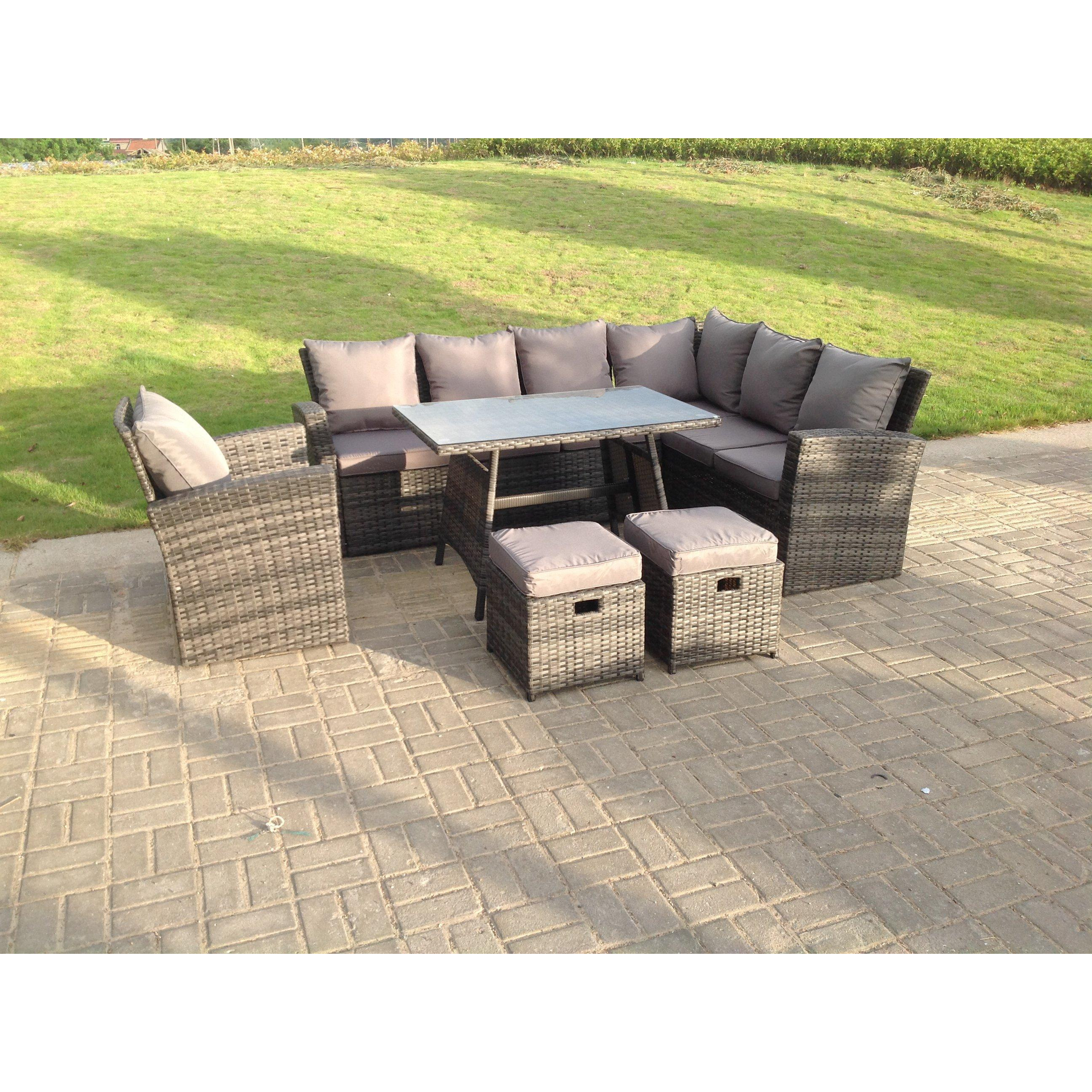 9 Seater High Back Dark Mixed Grey Rattan Corner Sofa Set Outdoor Furniture Rectangular Dining Table - image 1