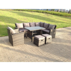 9 Seater High Back Dark Mixed Grey Rattan Corner Sofa Set Outdoor Furniture Rectangular Dining Table - thumbnail 2