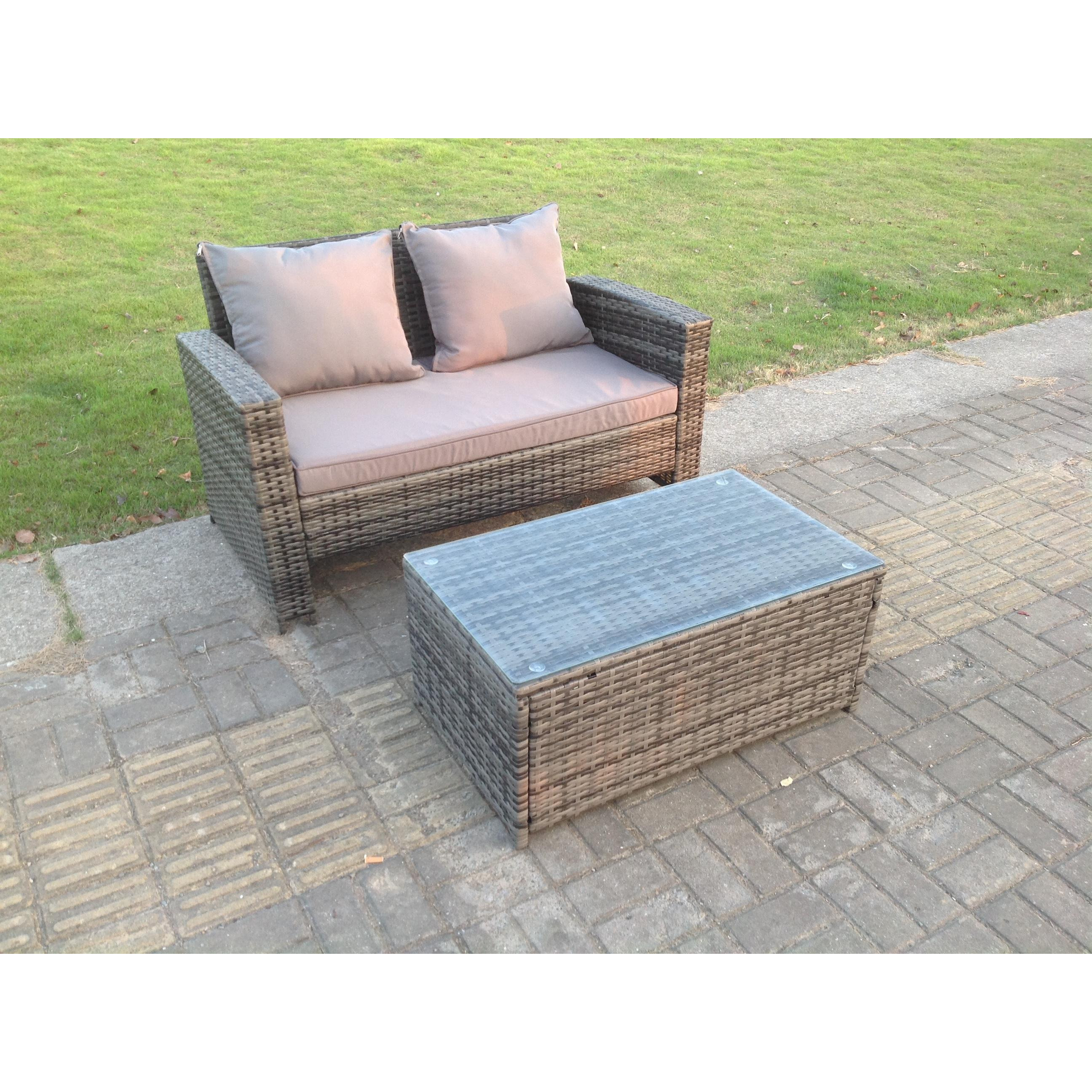 Dark Mixed Grey High Back Rattan Garden Furniture 2 Seater Love Seat Sofa With Oblong Coffee Table - image 1